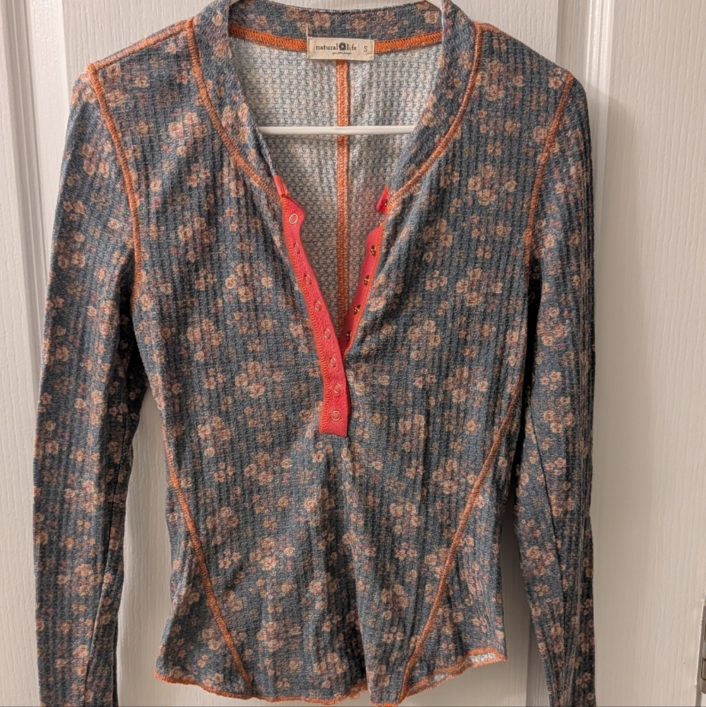Natural Life Textured Henley with Orange Accents